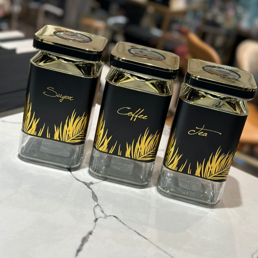 סט תה קפה סוכר - בלחיצת וואקום שחור זהב