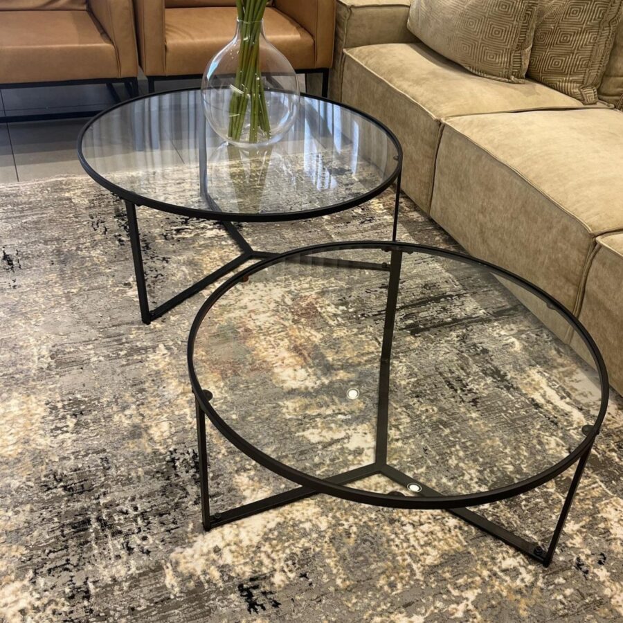 זוג שולחנות סלון - מתכת שחורה זכוכית שקופה