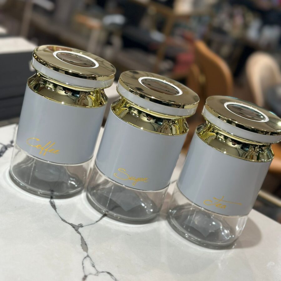 סט תה קפה סוכר - בלחיצת וואקום לבן זהב "סוליד"