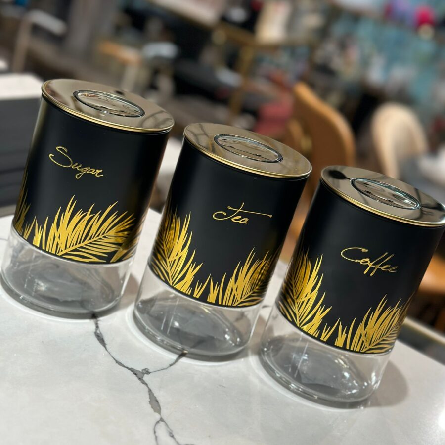 סט תה קפה סוכר - בלחיצת וואקום שחור זהב "נוצה"