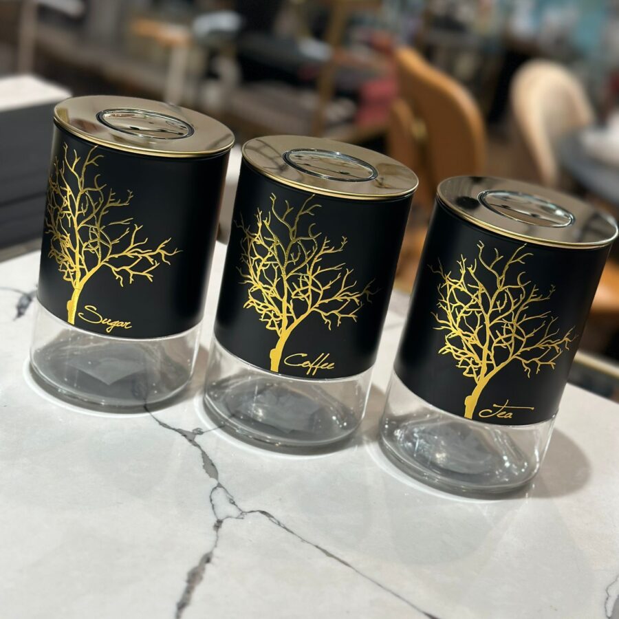 סט תה קפה סוכר - בלחיצת וואקום שחור זהב "עץ"