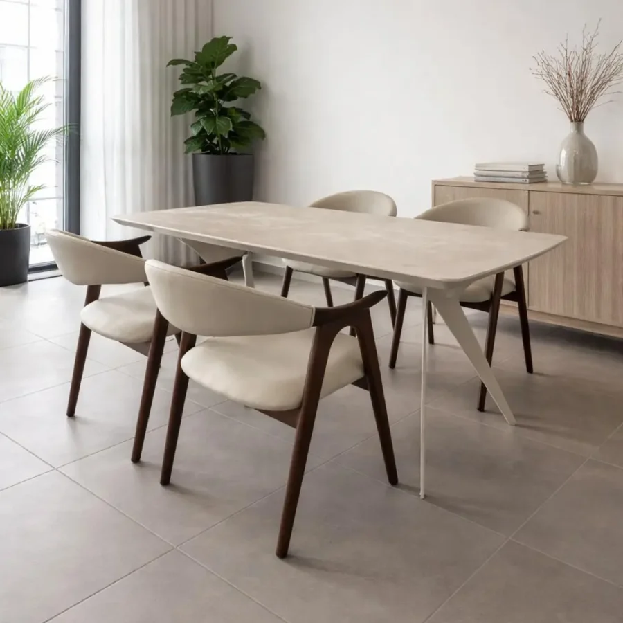 כסא אוכל מייקל - אגוז מרופד שמנת דמוי עור