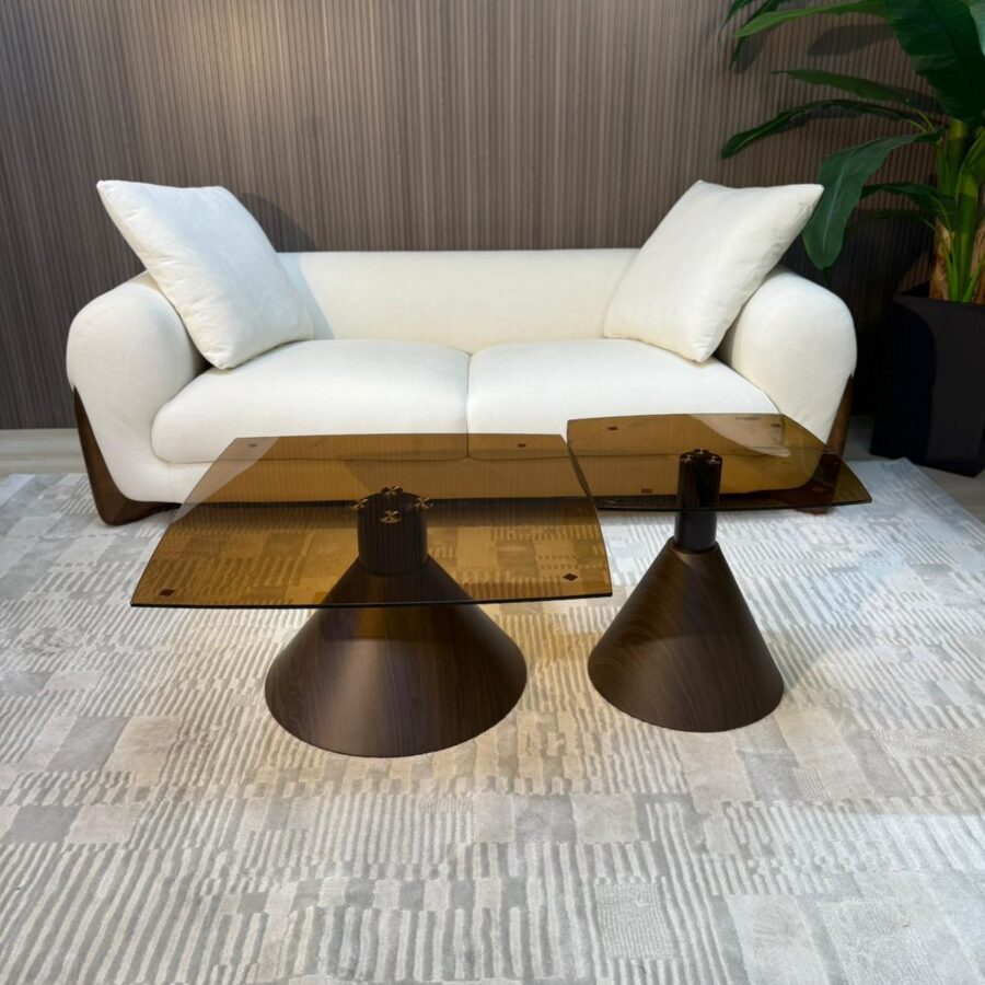 זוג שולחנות סלון MONO - רגל אגוז זכוכית חומה